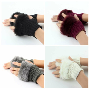 Women Gloves Winter Faux Rabbit Fur Gloves Arm Warmer Fingerless Wrist Gloves Knitted