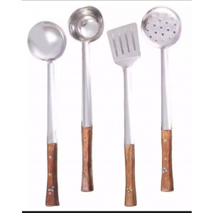 Set of 4 Stainless Steel Spoon kitchen Utensil Tools with light brown Wood Handle