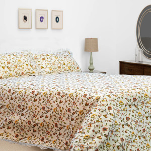 Multi Plain Floral Design Multani Bed Sheet Set