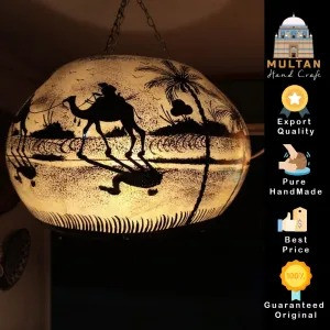 Brown Globe Camel Skin Handmade Multani Roof Hanging Lamp